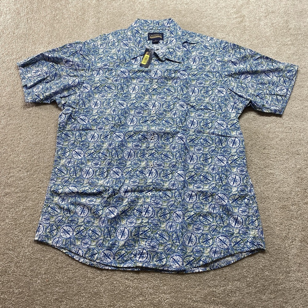 Cremieux Button Down Shirt Mens XL Blue Green Nautical Compass Short Sleeve NWT